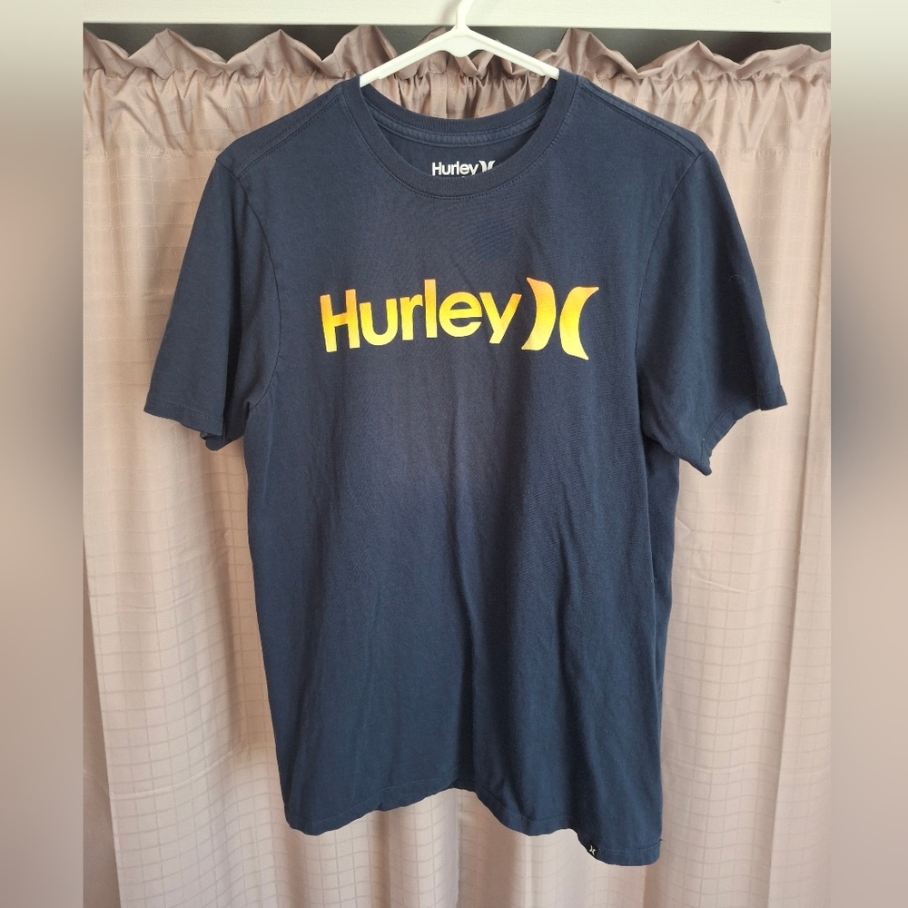 Hurley Short Sleeve Blue T Shirt Yellow Graphic Logo Print Size Medium